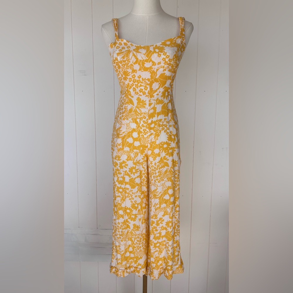 Faithfull The Brand Kasbah Jumpsuit Jasmine Yellow Ruffle Hem Smock Back Size 2